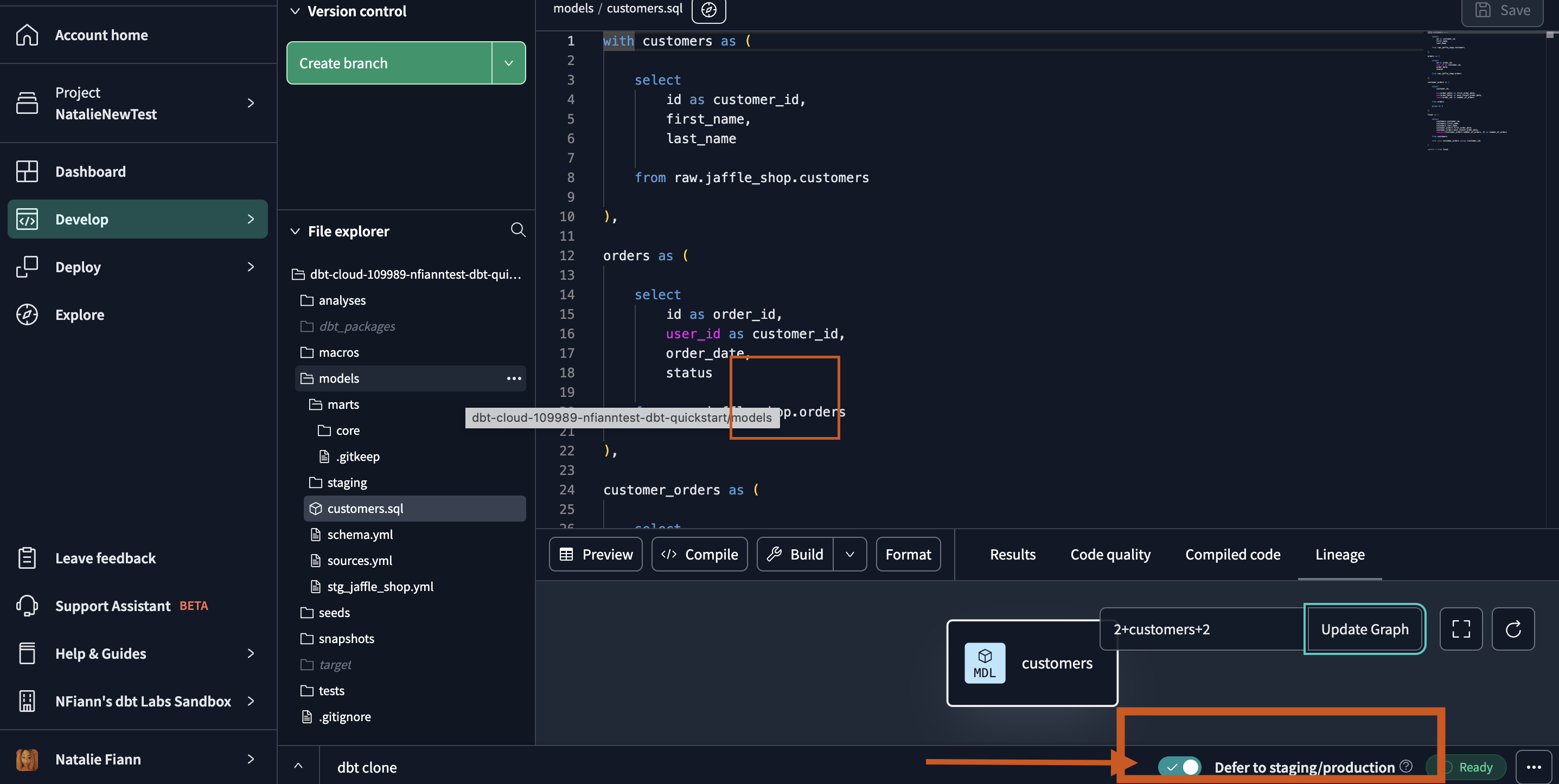 Select the 'Defer to production' toggle on the bottom right of the command bar to enable defer in the dbt Cloud IDE.